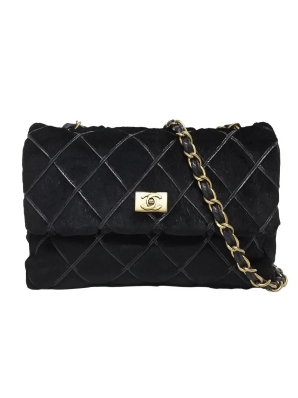 Chanel S Chain Shoulder Bag CC Logo Rabbit Fur Calf Hair Black Gold